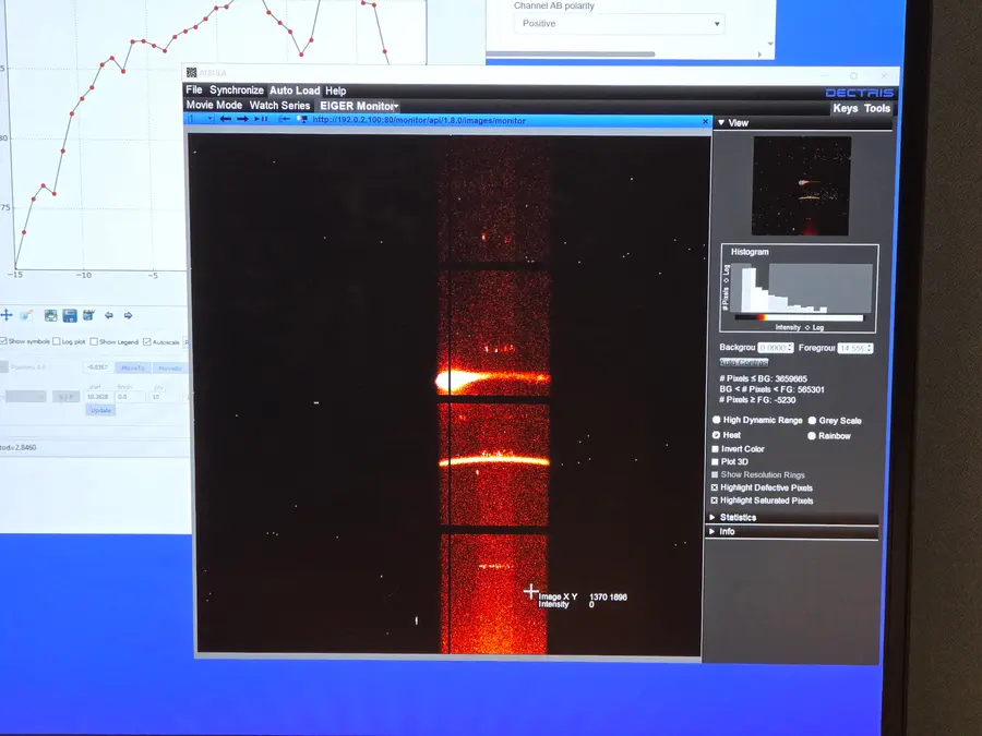2D GIXRD, live. Diffraction arcs arriving on the detector while the sample is still heating.