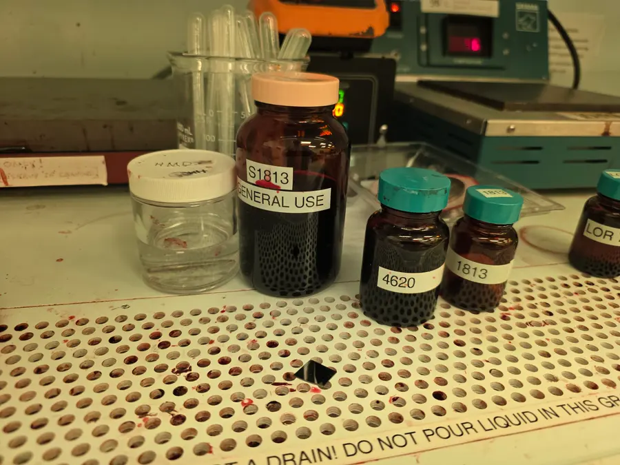 The resist bench. Photolithography chemistry, waiting its turn.